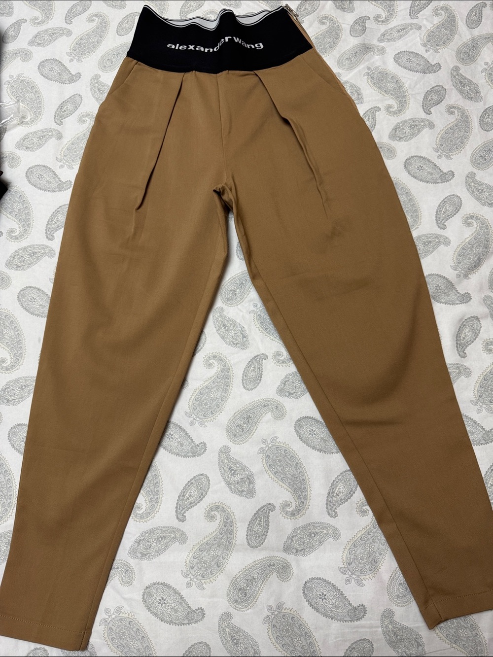 Alexander Wang Tan Men's Pleated Chinos with Black Branded Waistband